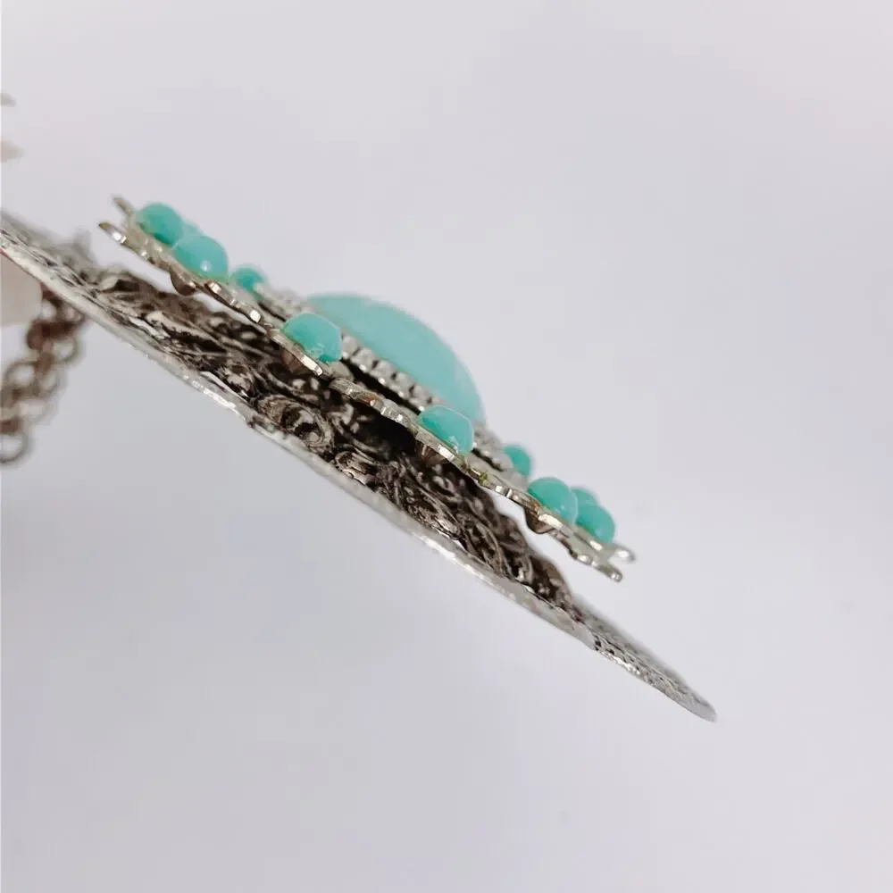 VTG Medallion Pendant Necklace Turquoise Style Cab Boho Southwestern Silver Tone
